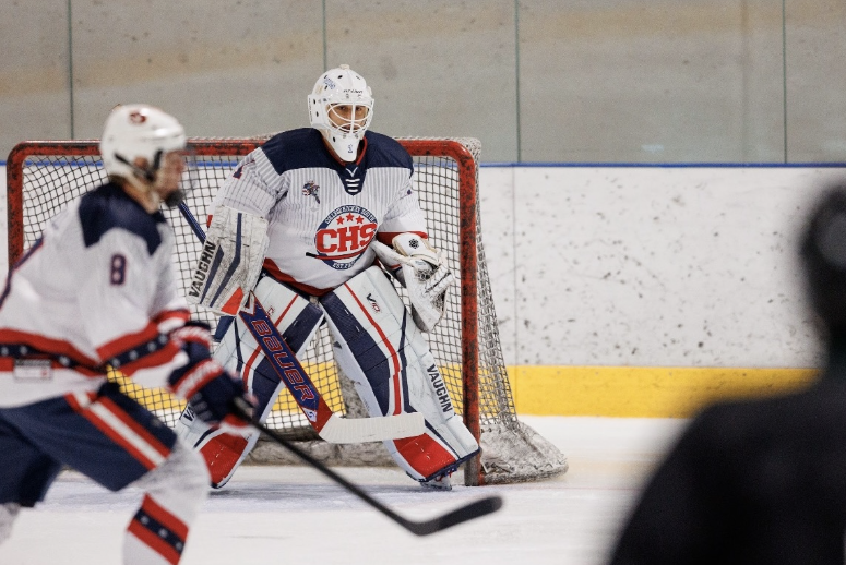 FAU goalie Rocco Bruno in the net for the CHS Europe team. 